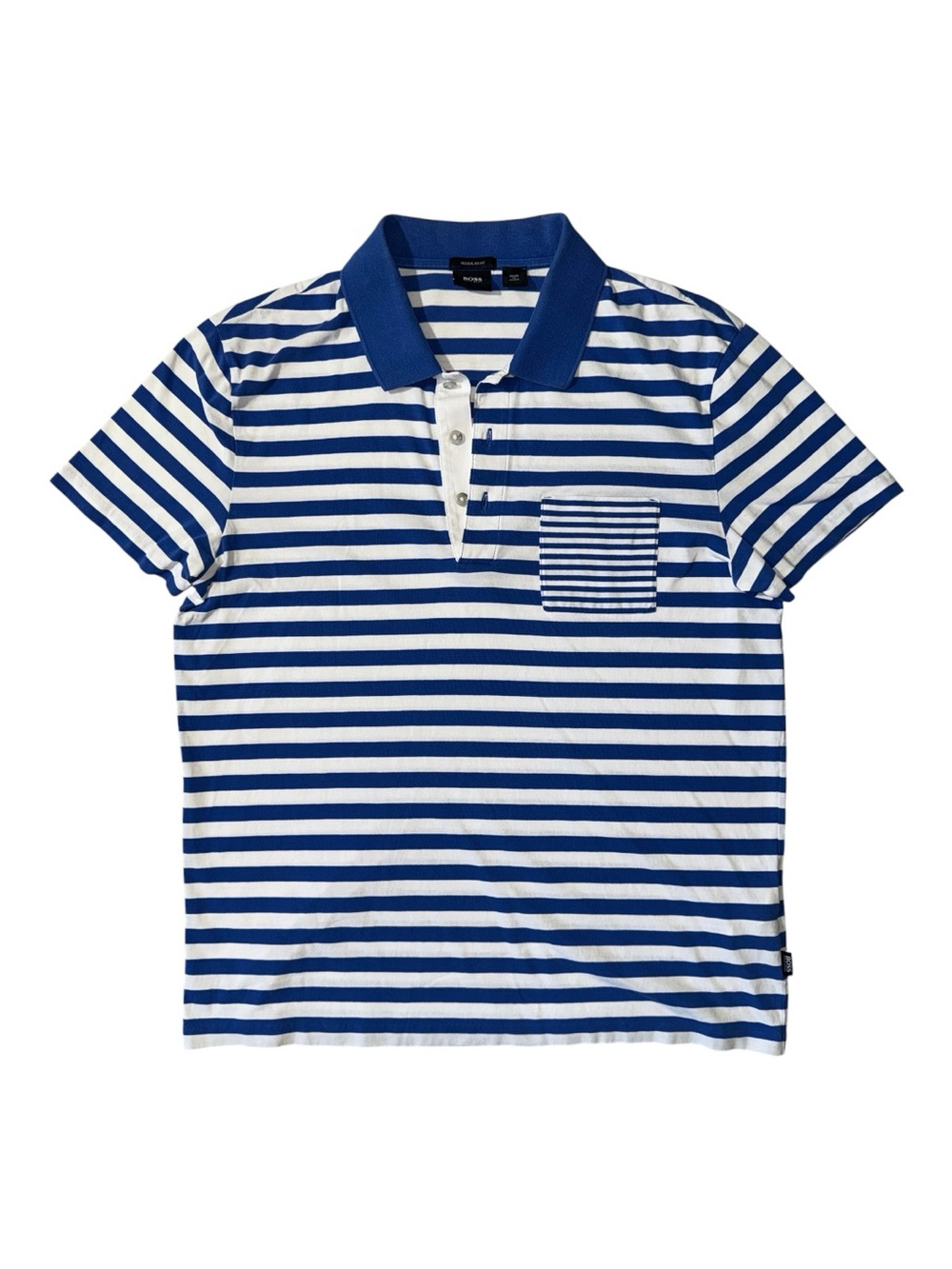 Hugo Boss mens L Large blue white stripe regular fit lightweight polo shirt EUC